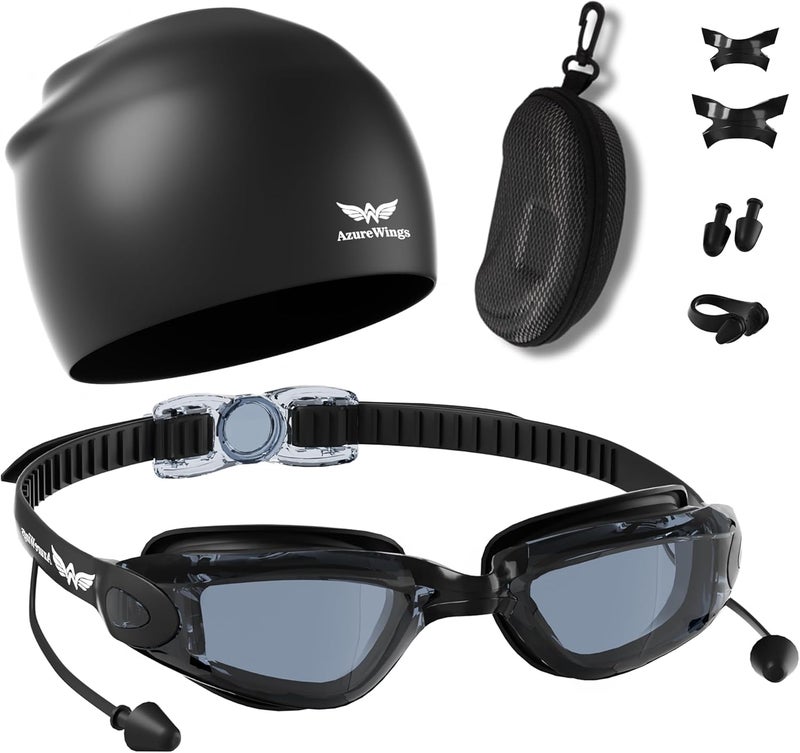 AzureWings 7 in 1 Swim Goggles + Swim Cap for Men Women,No Leak Anti-Fog & UV, Wide Visio HD Mirror PC Lens - Image 1